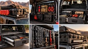 Jeep Wrangler off-road storage solutions featuring roof racks, cargo drawers, MOLLE panels and overlanding gear